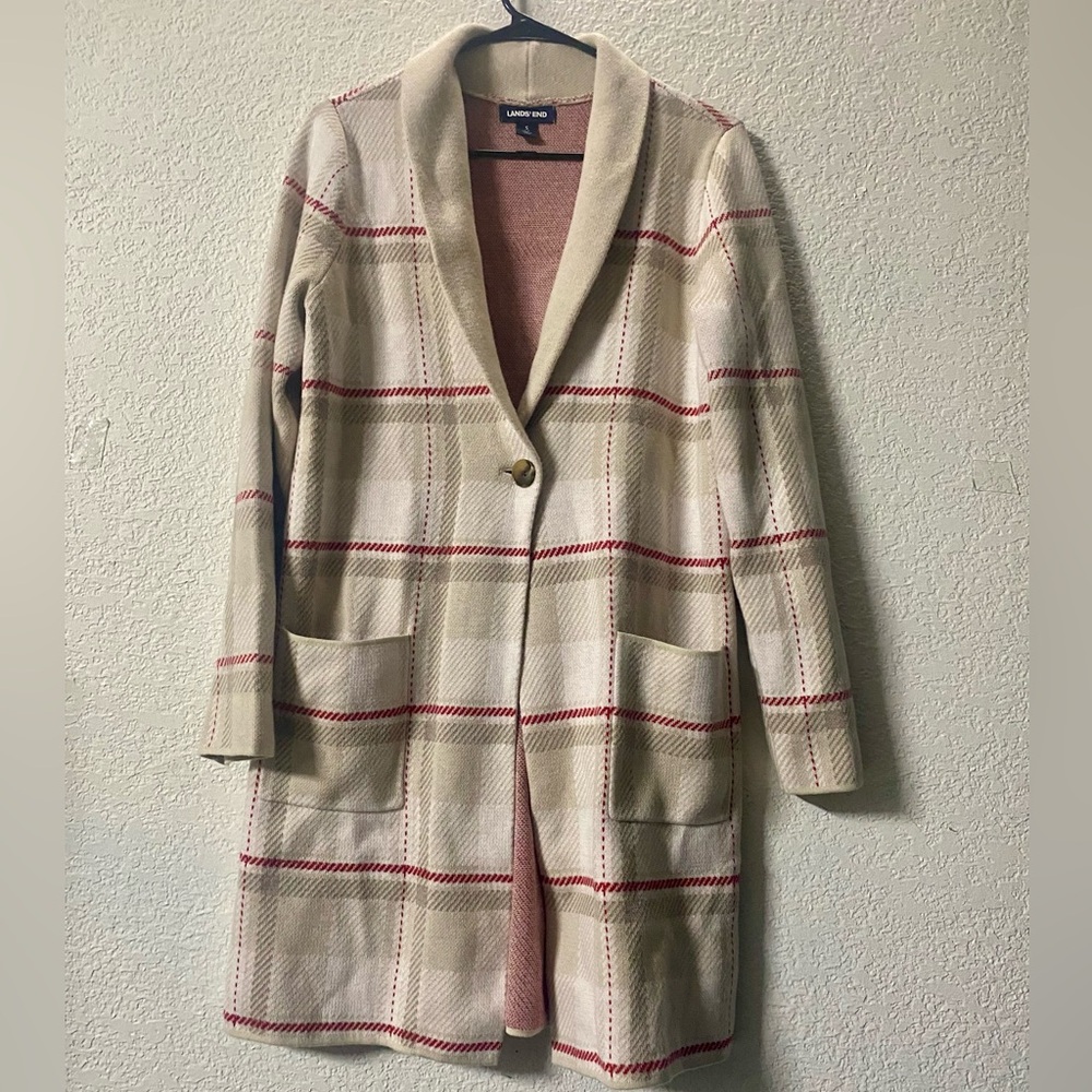 Lands' End Women's Checkered Cardigan - Beige and Red - Picture 2 of 9